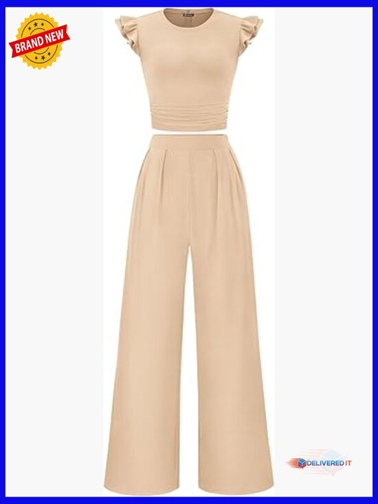 Pants - Two Piece Sets Women Dressy Cap Sleeve Ruffle Top Wide Leg Pants Matching Set